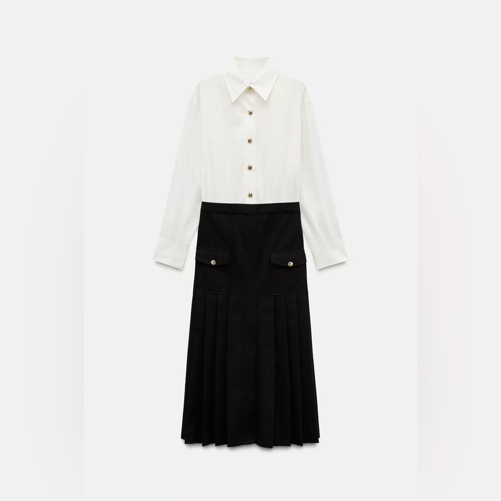 Zara white black contrast long sleeve gold button detail dress